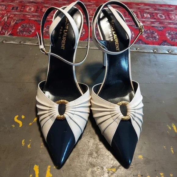 Saint Laurent Paris Two-Tone Pleated Leather Pointed Toe Pumps 37.5 White Black - Picture 7 of 8